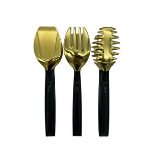 Lüks 3 Parça Gold Siyah Paslanmaz Çelik Makarna, Salata, Pasta Maşa Seti Paslanmaz Çelik