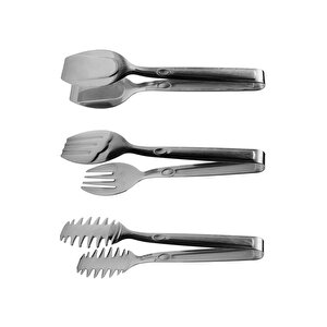 Lüks 3 Parça Gümüş Servis Sunum Makarna Salata Pasta Maşa Seti - Paslanmaz Çelik