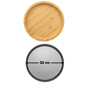 Orta Boy Delikli Pizza Tepsisi Lahmacun Tepsisi 32 Cm Ve Bambu Yuvarlak Pizza Tabağı 30 Cm