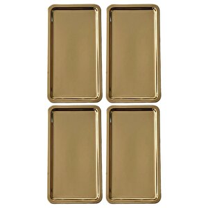 Paslanmaz Çelik Gold Renk Dikdörtgen Geniş Metal Düz Sunum Tepsisi Çay Kahve Tatlı Sunum 4 Adet