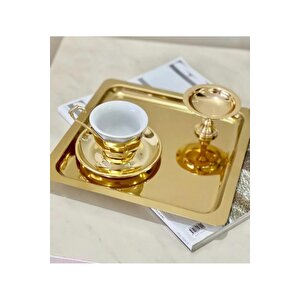 Paslanmaz Çelik Gold Renk Sunum Tepsisi 21 X21 Cm Çay Kahve Pasta Tatlı Servis Sunum Tepsisi 4 Adet