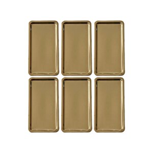 Paslanmaz Çelik Gold Renk Dikdörtgen Geniş Metal Düz Sunum Tepsisi Çay Kahve Tatlı Sunum 6 Adet