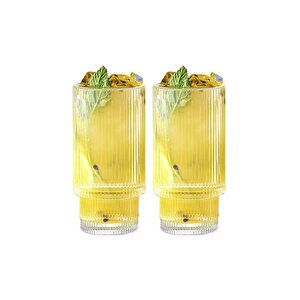 Çizgili Yeni Tasarım Cam Bardak Meşrubat, Latte, Neskafe, Kokteyl, Su Bardağı 400 Ml 2 Adet - 2812