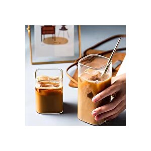 Yeni Stil Kare Cam Latte,kahve,meşrubat,smoothie Bardağı 450 Ml 3 Adet