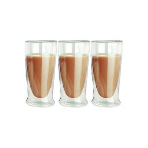 Çift Cidarlı Uzun Cam Kokteyl -meşrubat-latte Bardağı 350 Ml 3 Adet 2323