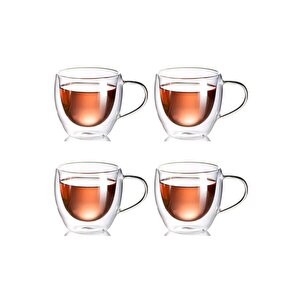 Neskafe Çay Fincanı Çift Cidarlı Cam Kupa 250 Ml Kulplu Cam Bardak 4 Adet 2037