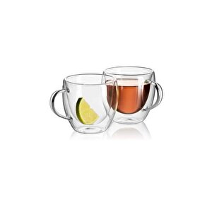 Neskafe Çay Fincanı Çift Cidarlı Cam Kupa 250 Ml Kulplu Cam Bardak 4 Adet 2037