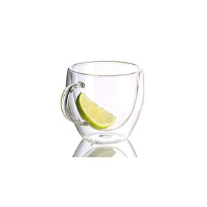 Neskafe Çay Fincanı Çift Cidarlı Cam Kupa 250 Ml Kulplu Cam Bardak 4 Adet 2037