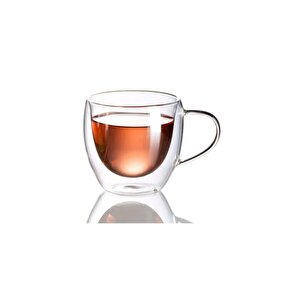 Neskafe Çay Fincanı Çift Cidarlı Cam Kupa 250 Ml Kulplu Cam Bardak 4 Adet 2037