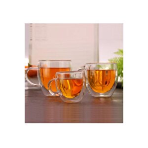 Neskafe Çay Fincanı Çift Cidarlı Cam Kupa 250 Ml Kulplu Cam Bardak 4 Adet 2037