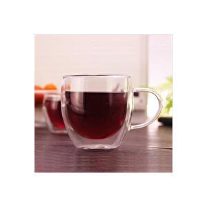 Neskafe Çay Fincanı Çift Cidarlı Cam Kupa 250 Ml Kulplu Cam Bardak 4 Adet 2037