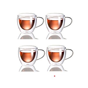 Neskafe Çay Fincanı Çift Cidarlı Cam Kupa 250 Ml Kulplu Cam Bardak 4 Adet 2037