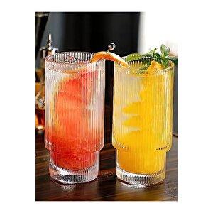Çizgili Yeni Tasarım Cam Bardak Meşrubat, Latte, Neskafe, Kokteyl, Su Bardağı 400 Ml 3 Adet - 2812