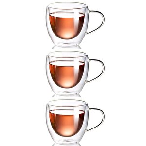 Neskafe Çay Fincanı Çift Cidarlı Cam Kupa 250 Ml Kulplu Cam Bardak 3 Adet 2037