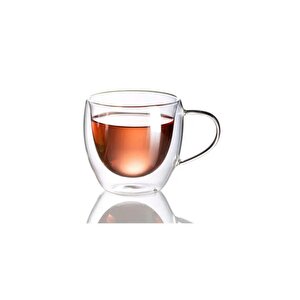 Neskafe Çay Fincanı Çift Cidarlı Cam Kupa 250 Ml Kulplu Cam Bardak 3 Adet 2037