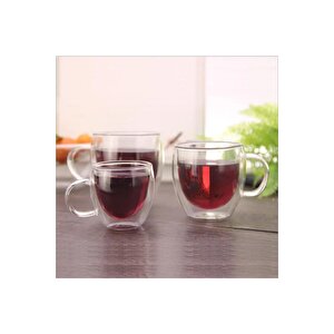 Neskafe Çay Fincanı Çift Cidarlı Cam Kupa 250 Ml Kulplu Cam Bardak 3 Adet 2037
