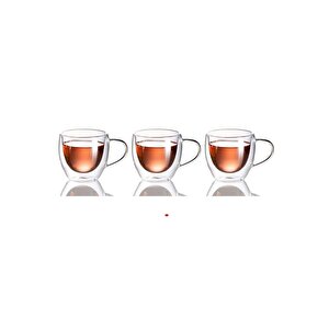 Neskafe Çay Fincanı Çift Cidarlı Cam Kupa 250 Ml Kulplu Cam Bardak 3 Adet 2037