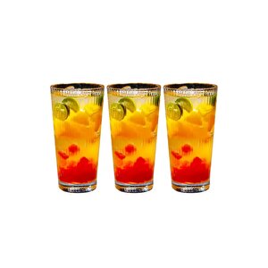 Yeni Tasarım Çizgili Uzun Cam Bardak, Meşrubat, Latte, Nescafe, Su Bardağı 300 Ml - 3 Adet - 2441