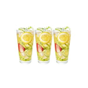 Yeni Tasarım Çizgili Uzun Cam Bardak, Meşrubat, Latte, Nescafe, Su Bardağı 300 Ml - 3 Adet - 2441
