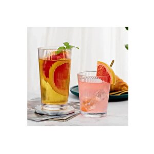 Yeni Tasarım Çizgili Uzun Cam Bardak, Meşrubat, Latte, Nescafe, Su Bardağı 300 Ml - 3 Adet - 2441