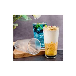 Yeni Tasarım Çizgili Uzun Cam Bardak, Meşrubat, Latte, Nescafe, Su Bardağı 300 Ml - 3 Adet - 2441