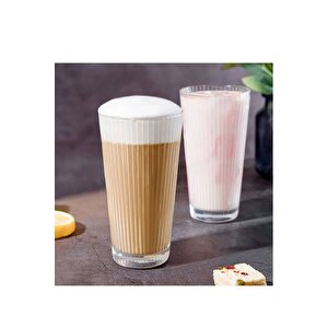 Yeni Tasarım Çizgili Uzun Cam Bardak, Meşrubat, Latte, Nescafe, Su Bardağı 300 Ml - 3 Adet - 2441