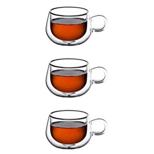 Yeni Tasarım Çift Cidarlı 200 Ml Kulplu Cam Bardak, Neskafe Fincanı, Çay Kupası, 3 Adet 2673