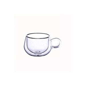 Yeni Tasarım Çift Cidarlı 200 Ml Kulplu Cam Bardak, Neskafe Fincanı, Çay Kupası, 3 Adet 2673