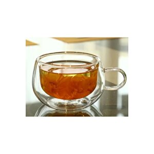Yeni Tasarım Çift Cidarlı 200 Ml Kulplu Cam Bardak, Neskafe Fincanı, Çay Kupası, 3 Adet 2673