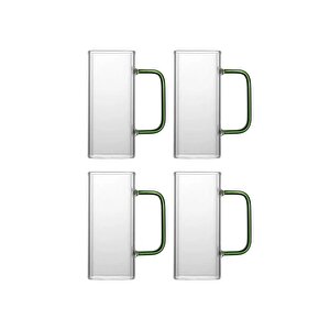 Yeni Nesil Kare Cam Yeşil Kulplu Latte, Meşrubat, Neskafe, Süt, Su Bardağı 350 Ml 4 Adet