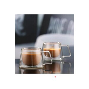 Yeni Tasarım Neskafe Ekspresso Fincanı, Çift Cidarlı Kulplu Cam Fincan 6 Adet 1836