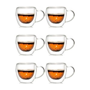 Yeni Tasarım Çift Cidarlı 250 Ml Kulplu Cam Kupa, Çay Neskafe Fincanı, Çeyiz Listesi, 6 Adet 2037