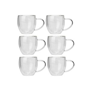 Yeni Tasarım Çift Cidarlı 250 Ml Kulplu Cam Kupa, Çay Neskafe Fincanı, Çeyiz Listesi, 6 Adet 2037
