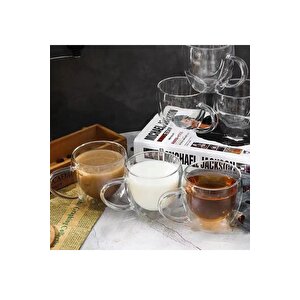 Yeni Tasarım Çift Cidarlı 250 Ml Kulplu Cam Kupa, Çay Neskafe Fincanı, Çeyiz Listesi, 6 Adet 2037