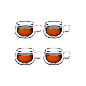 Yeni Tasarım Çift Cidarlı 200 Ml Kulplu Cam Bardak, Neskafe Fincanı, Çay Kupası, 4 Adet 2673