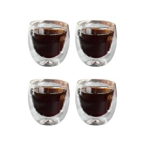 Çift Cidarlı Çizgili Cam,kahve,latte,ekspresso,meşrubat 250 Ml Bardak Seti 4 Adet 2321