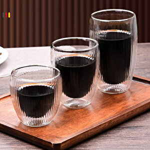 Çift Cidarlı Çizgili Cam,kahve,latte,ekspresso,meşrubat 250 Ml Bardak Seti 4 Adet 2321