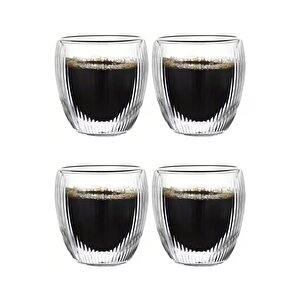 Çift Cidarlı Çizgili Cam,kahve,latte,ekspresso,meşrubat 250 Ml Bardak Seti 4 Adet 2321