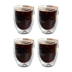 Çift Cidarlı Çizgili Cam,kahve,latte,ekspresso,meşrubat 300 Ml Bardak Seti 4 Adet 2322