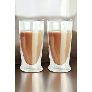 Çift Cidarlı Uzun Cam Kokteyl -meşrubat-latte Bardağı 350 Ml 2 Adet 2323