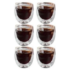 Çift Cidarlı Çizgili Cam,kahve,latte,ekspresso,meşrubat 250 Ml Bardak Seti 6 Adet 2321
