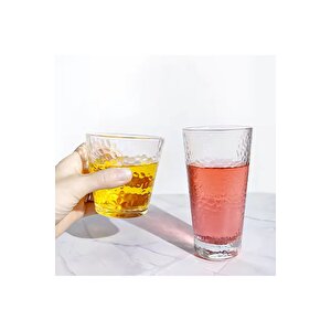 Ezme Dövülmüş Desen Tasarım Cam Su, Meşrubat, Latte, Kahve, Smoothie Bardağı 350 Ml 4 Adet - 4361