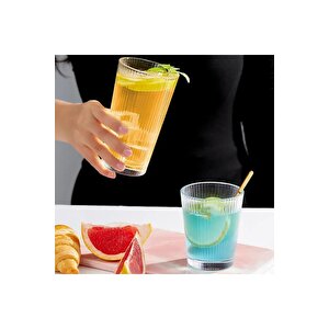 Yeni Tasarım Çizgili Uzun Cam Bardak, Meşrubat, Latte, Nescafe, Su Bardağı 300 Ml - 2 Adet - 2441