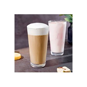 Yeni Tasarım Çizgili Uzun Cam Bardak, Meşrubat, Latte, Nescafe, Su Bardağı 300 Ml - 2 Adet - 2441