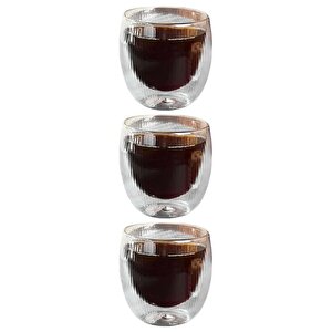 Çift Cidarlı Çizgili Cam,kahve,latte,ekspresso,meşrubat 250 Ml Bardak Seti 3 Adet 2321