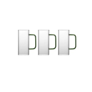 Yeni Nesil Kare Cam Yeşil Kulplu Latte, Meşrubat, Neskafe, Süt, Su Bardağı 350 Ml 3 Adet