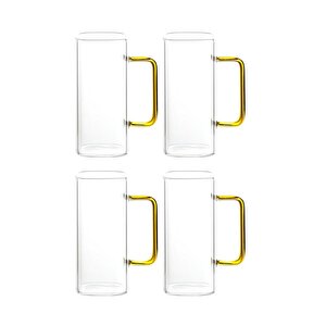 Yeni Nesil Kare Cam Sarı Kulplu Latte,meşrubat,nescafe,süt,su Bardağı 350 Ml 4 Adet