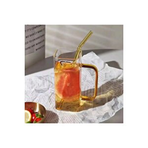 Yeni Nesil Kare Cam Sarı Kulplu Latte,meşrubat,nescafe,süt,su Bardağı 350 Ml 4 Adet