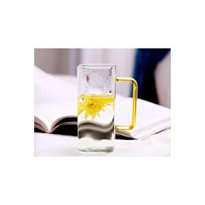 Yeni Nesil Kare Cam Sarı Kulplu Latte,meşrubat,nescafe,süt,su Bardağı 350 Ml 4 Adet