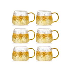 Yeni Tasarım Ezme Dövülmüş Desen Kupa Sarı Kulplu 350 Ml Cam Fincan 6 Adet